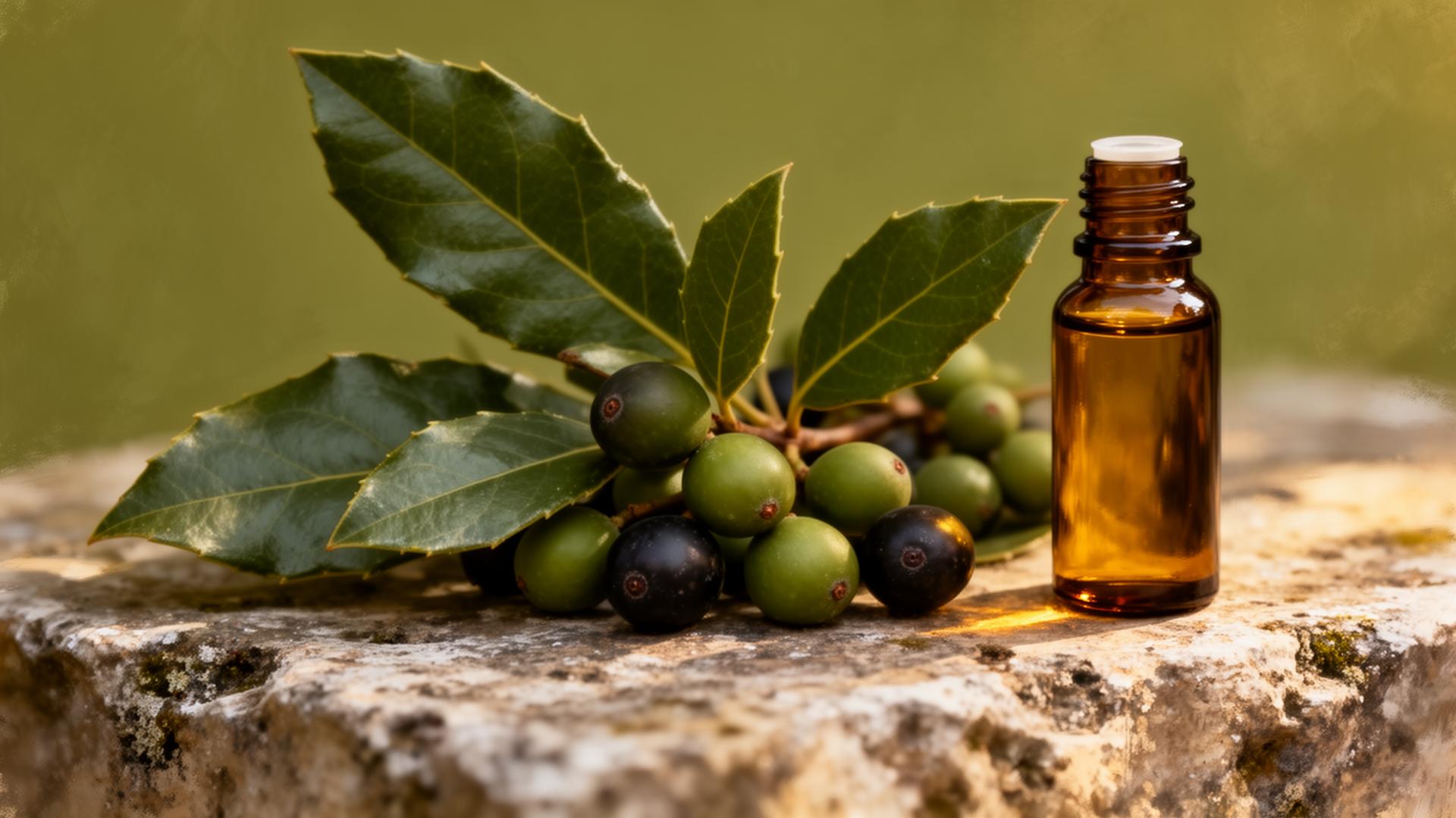Fresh laurel berries, leaves, and a small bottle of laurel berry oil on stone