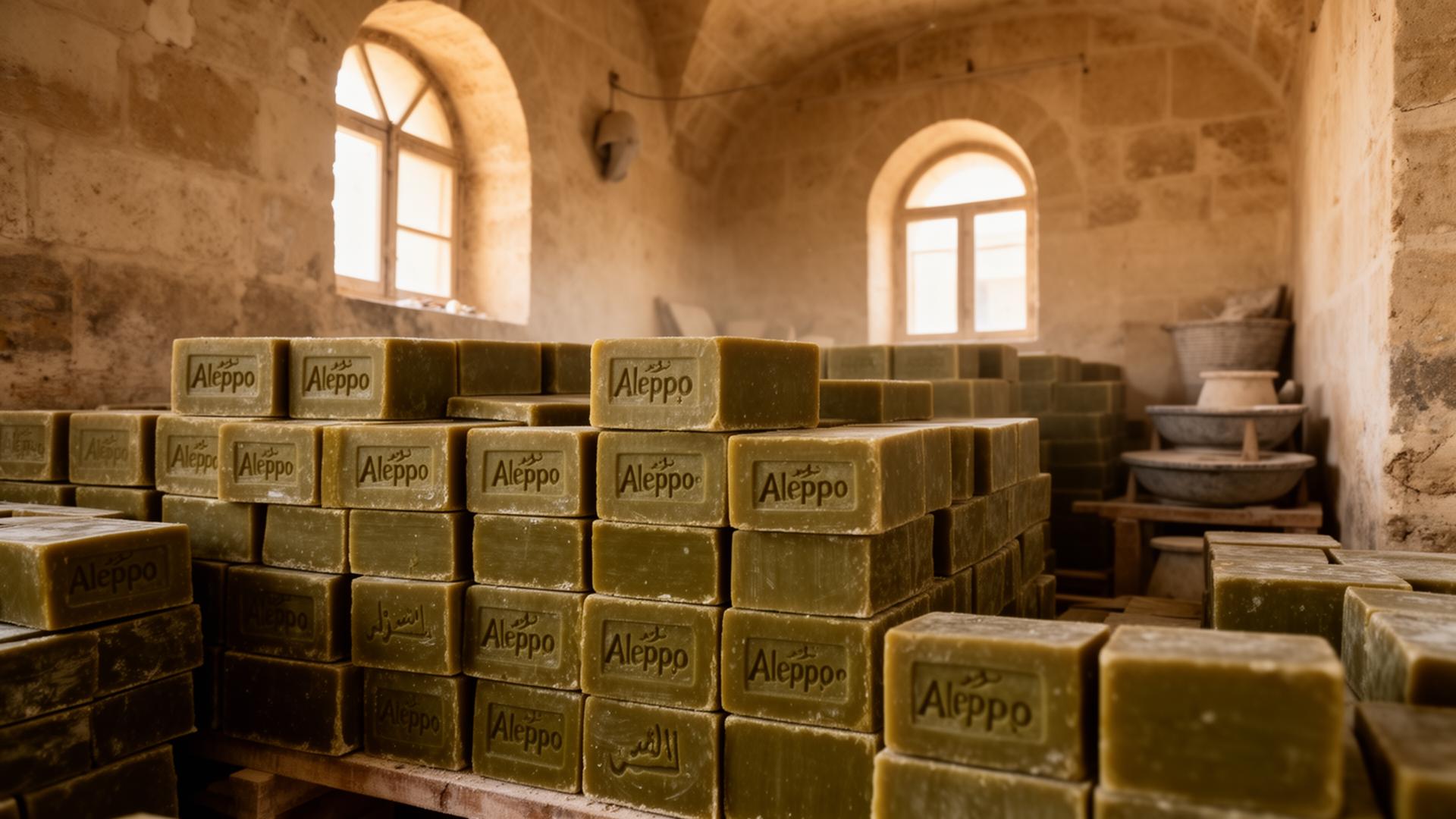 Stacks of Aleppo soap aging in a stone workshop