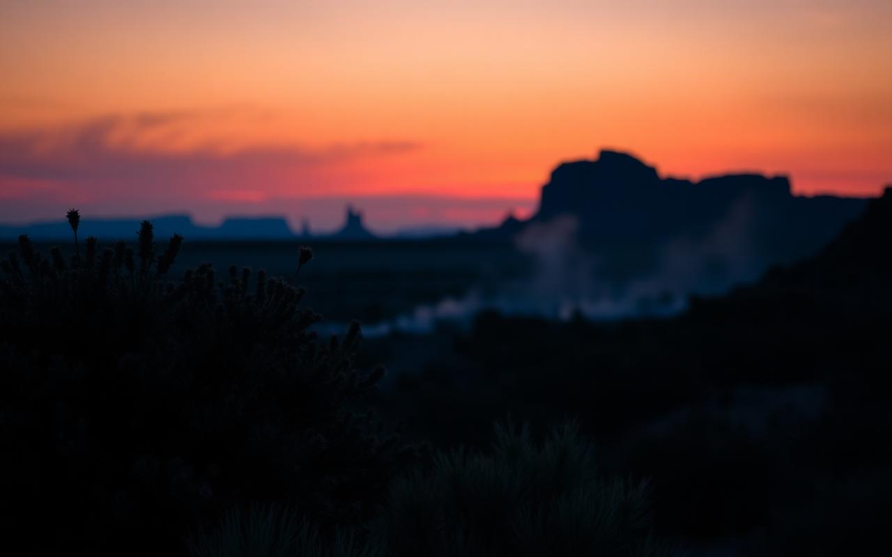 Apache desert sage and juniper silhouetted against a violet-orange sunset in the Chiricahua Mountains