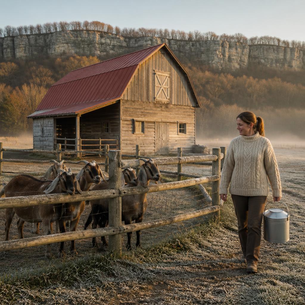 A woman carrying a steel pail of fresh goat milk past a weathered barn at dawn in Dundas, Ontario, with Nubian goats behind a split-rail fence and the Niagara Escarpment behind