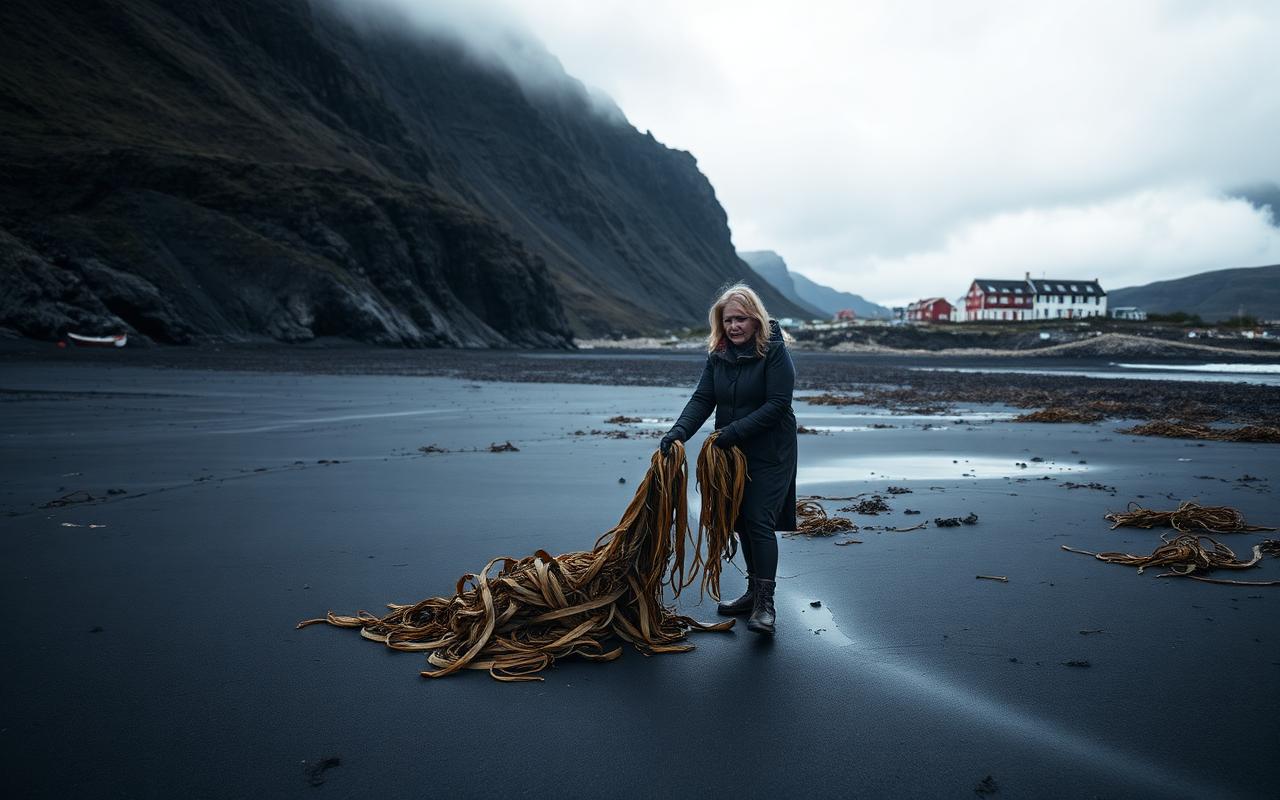 Sigrún harvesting Icelandic kelp at low tide on a black-sand beach in the Westfjords