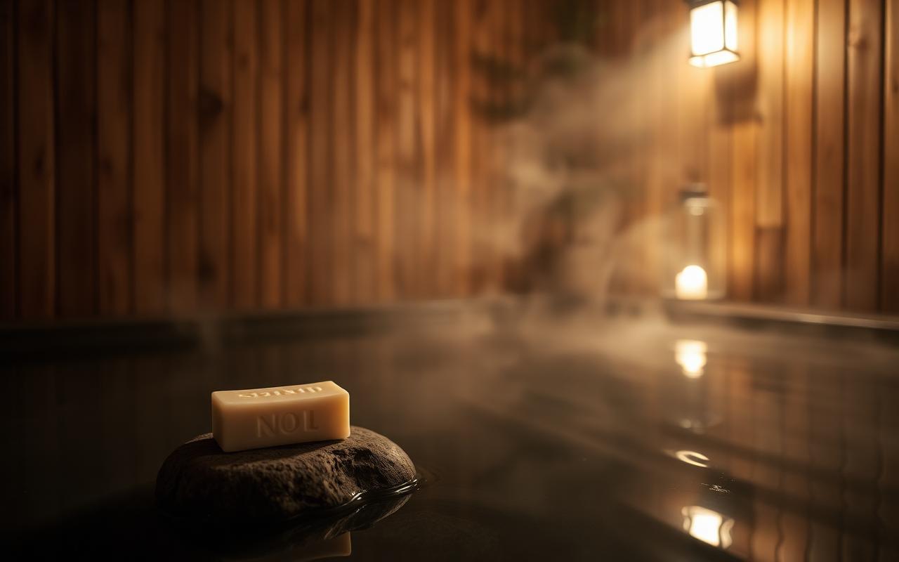 A single hinoki cypress soap bar resting on a river stone beside an onsen bath at dusk