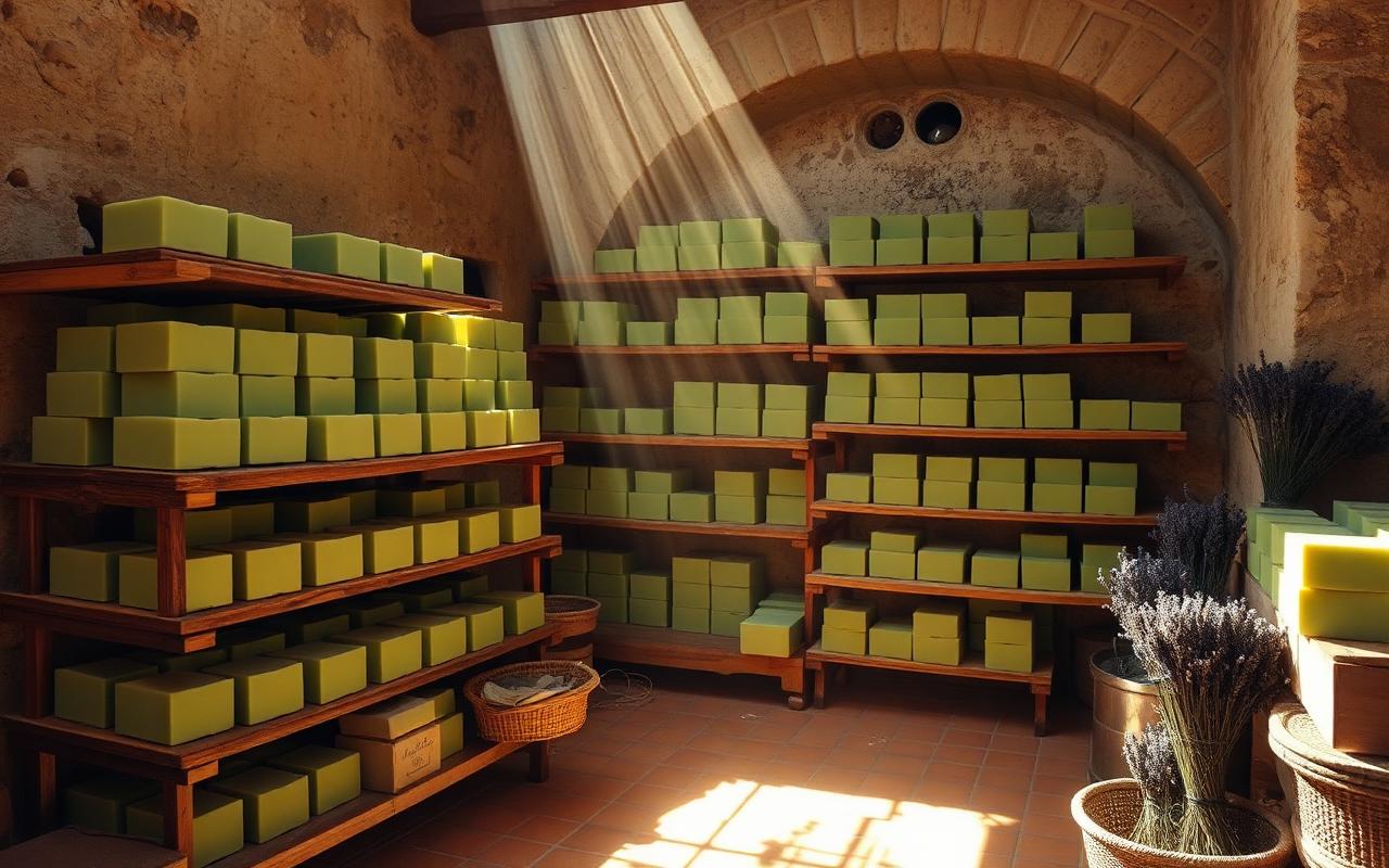 Stacks of green Marseille olive oil soap curing on wooden racks in a sunlit Provençal workshop