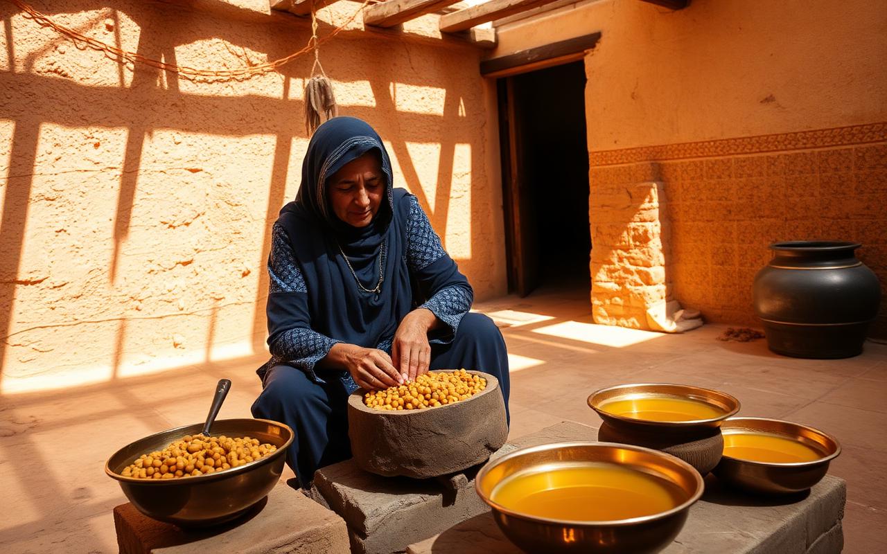 A Berber woman grinding argan kernels by hand in a sunlit Moroccan courtyard with copper bowls of golden oil
