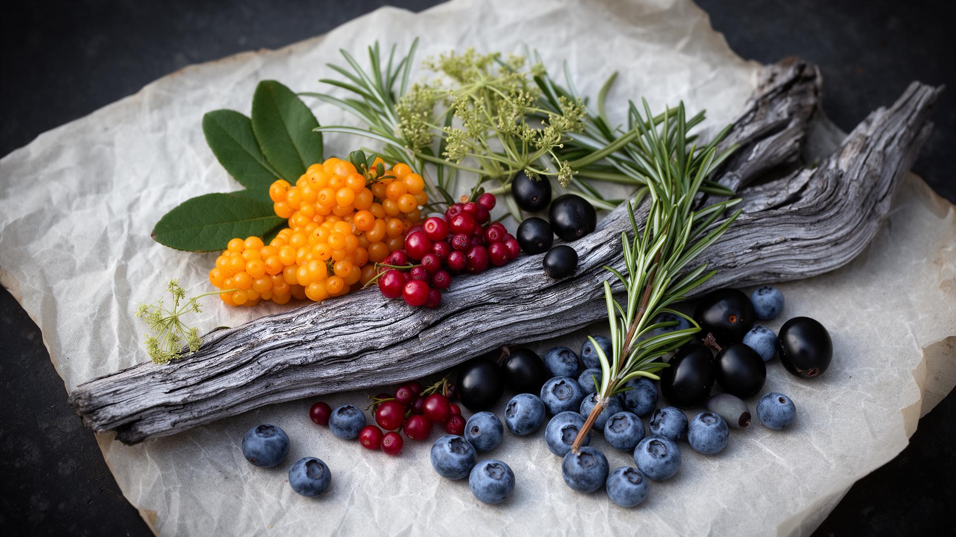 Foraged Norwegian wild berries — cloudberry, lingonberry, blueberry, crowberry, juniper, angelica and rosemary on driftwood