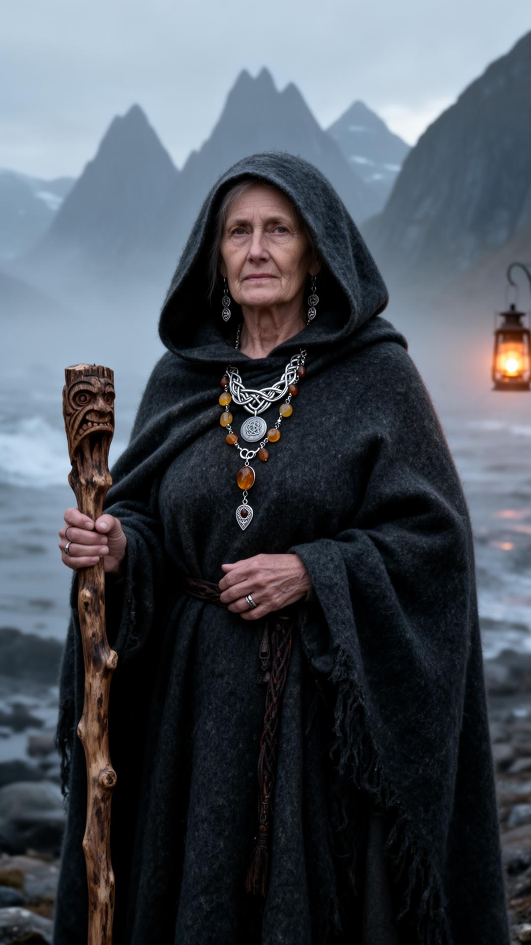 Norse volve — a seeress in a wool cloak holding a carved staff on a misty Vesterålen shore