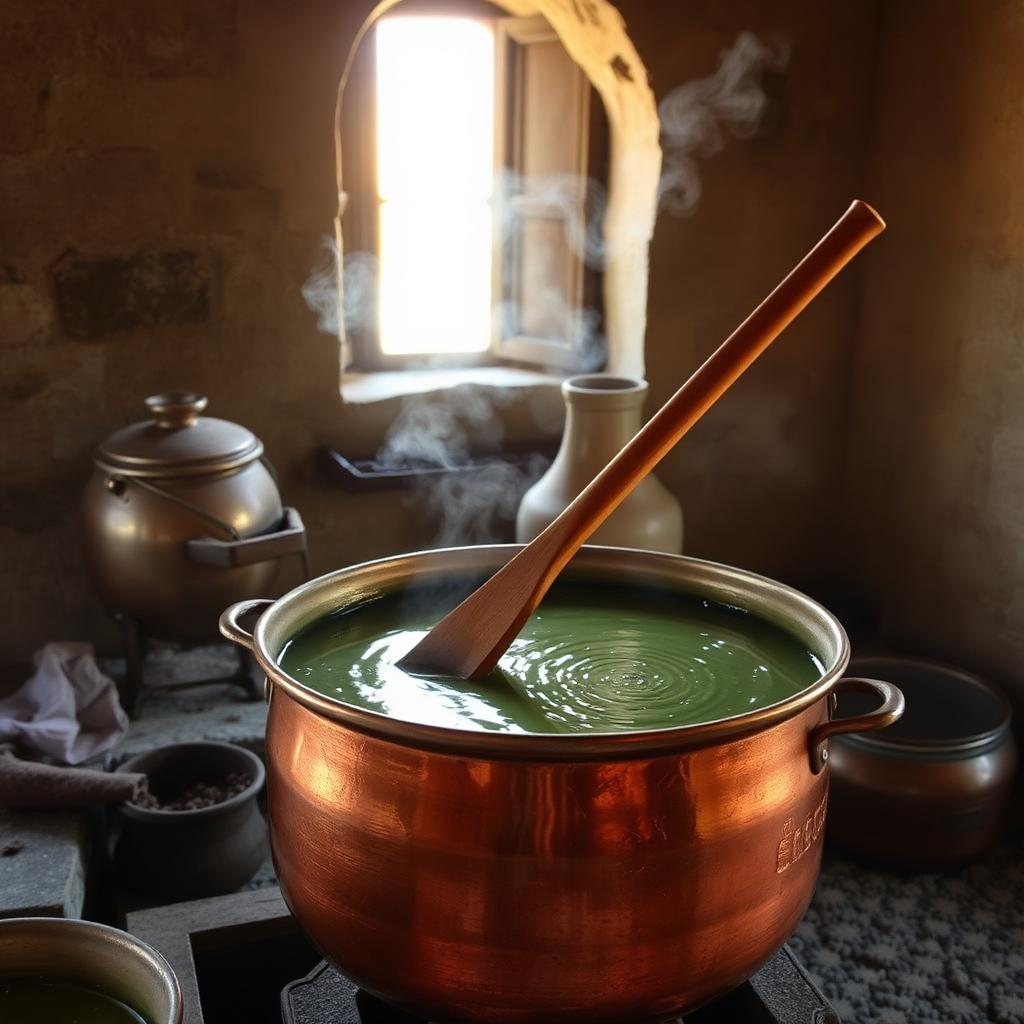 A copper cauldron of pale green olive and laurel soap paste being stirred with a long wooden paddle inside a stone Aleppo workshop