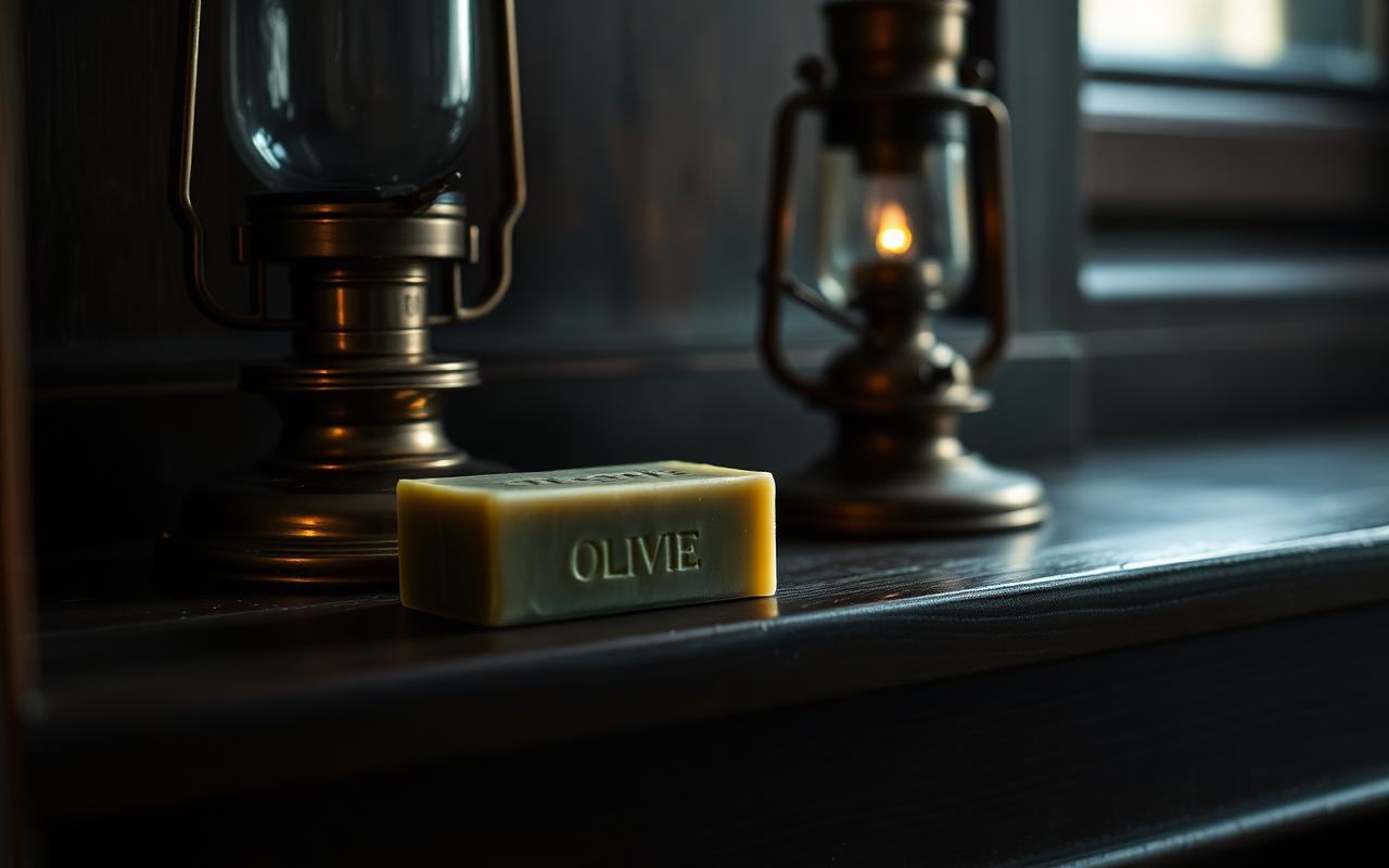 A single weathered bar of green olive-laurel soap on a dark wooden shelf beside an unlit brass oil lamp