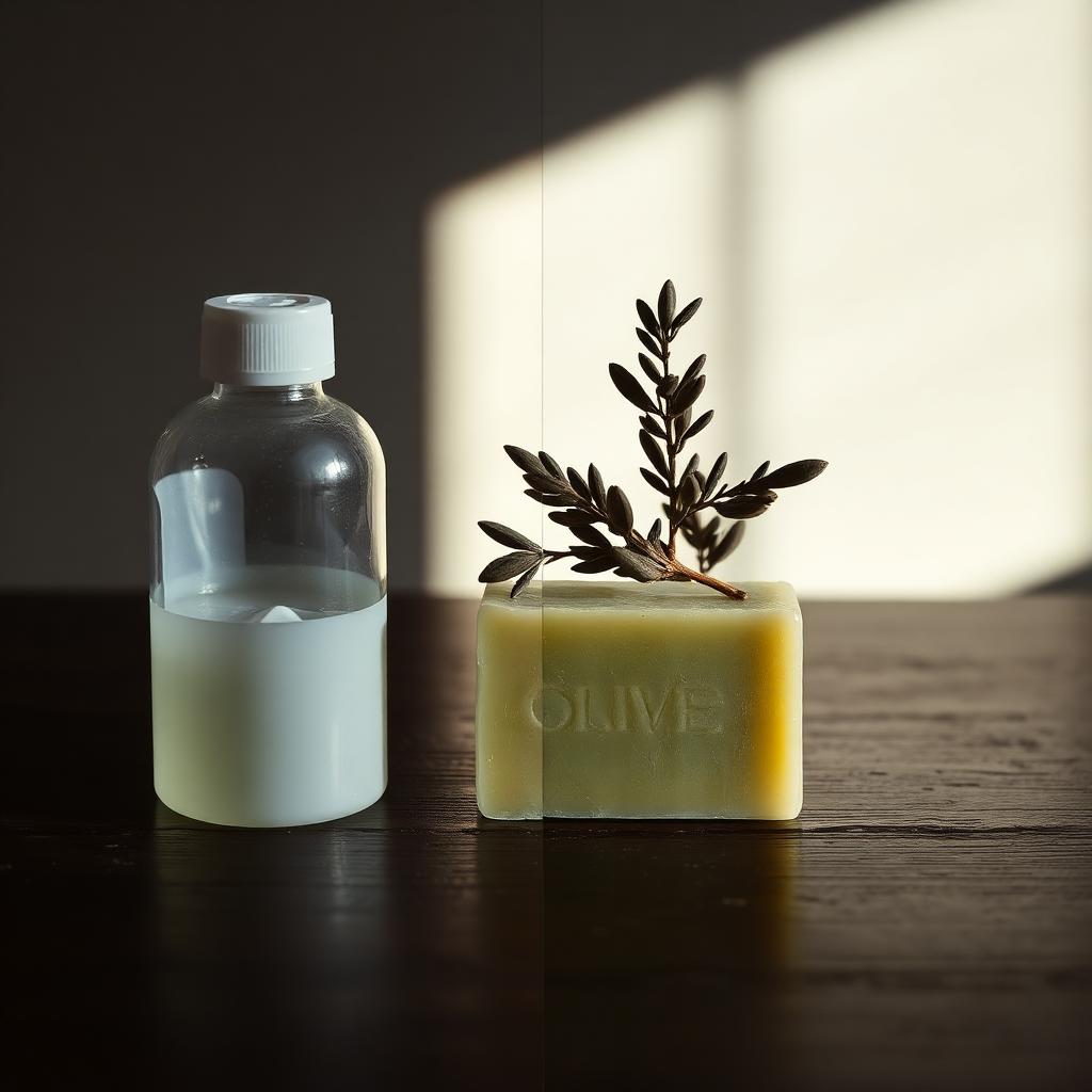 A pharmacy bottle on one side of a dark wooden table and a green olive soap bar with a sprig of olive branch on the other, divided by dramatic side light