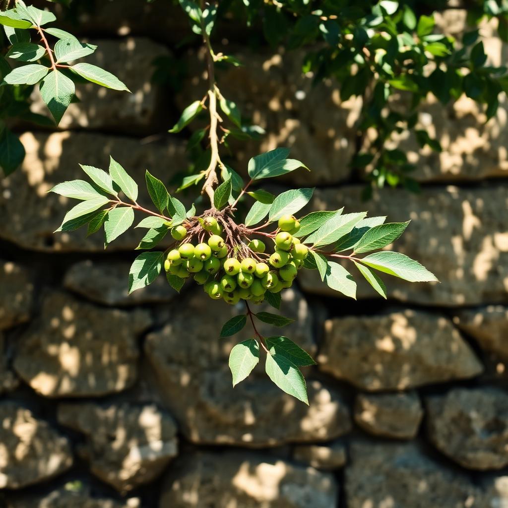 A laurel branch with green berries against a rough stone wall in dappled sunlight