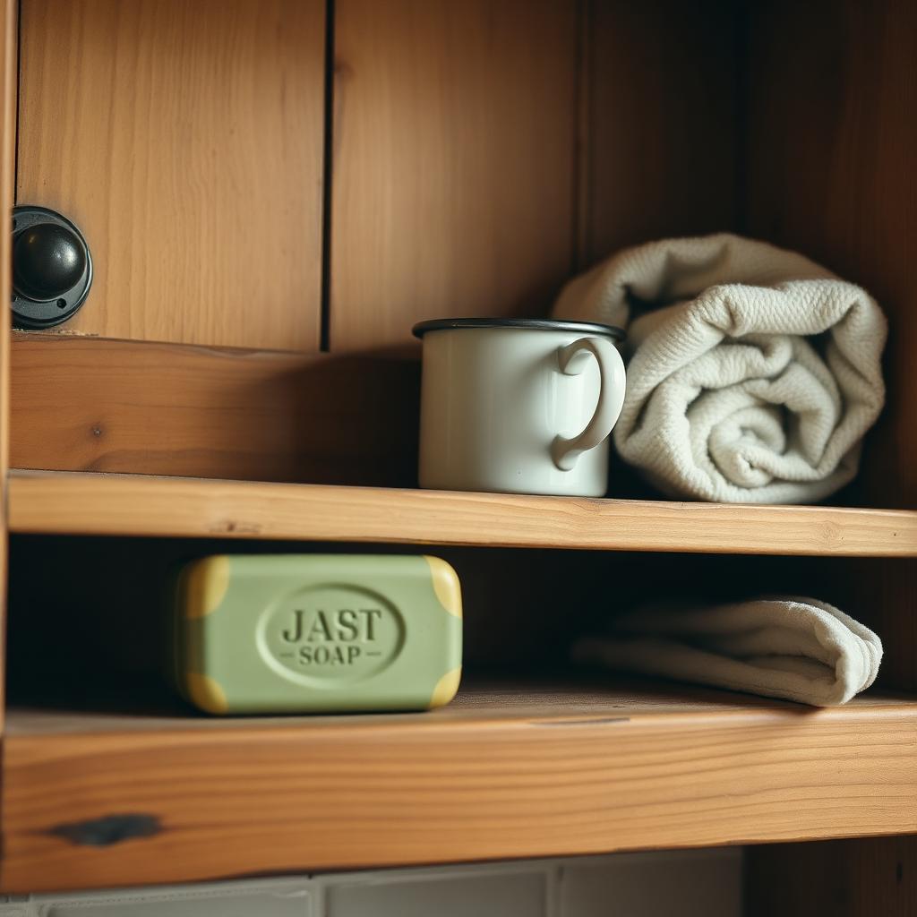 A vintage wooden bathroom shelf with a worn green soap bar, an enamel mug, and a folded cotton towel in soft afternoon light