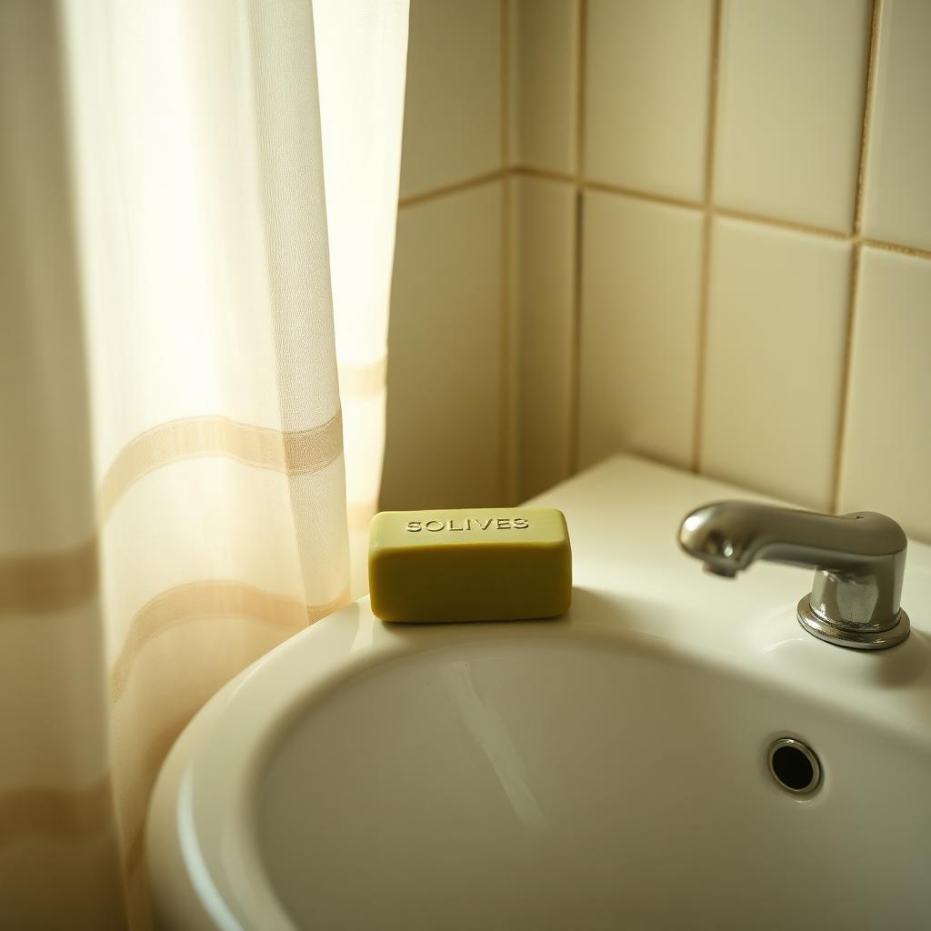 A single green olive soap bar resting on the edge of an old enamel sink in a quiet bathroom with morning light through a linen curtain