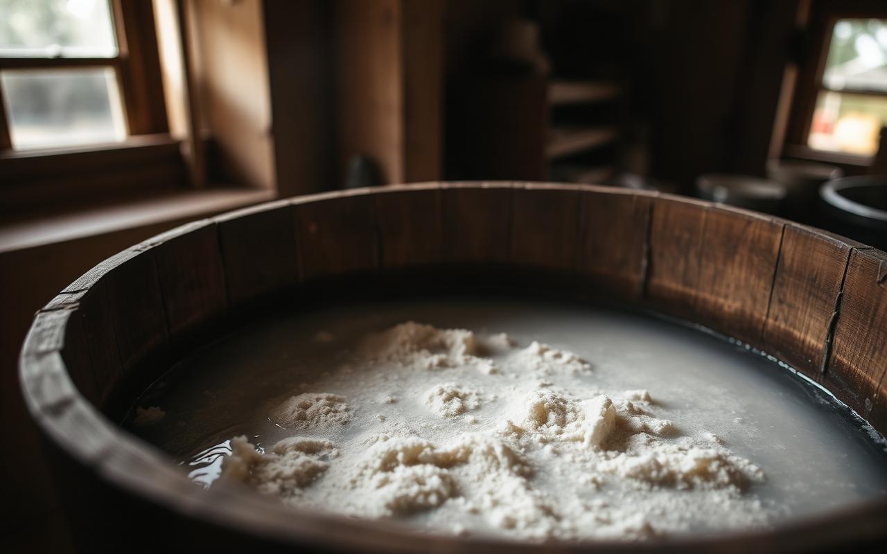 Pale grey wood ash being leached with rainwater in a wooden barrel inside a traditional soap workshop