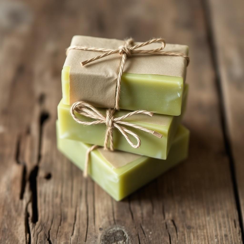 A stack of three unwrapped green olive soap bars tied with kraft paper and twine on weathered wood, no plastic visible