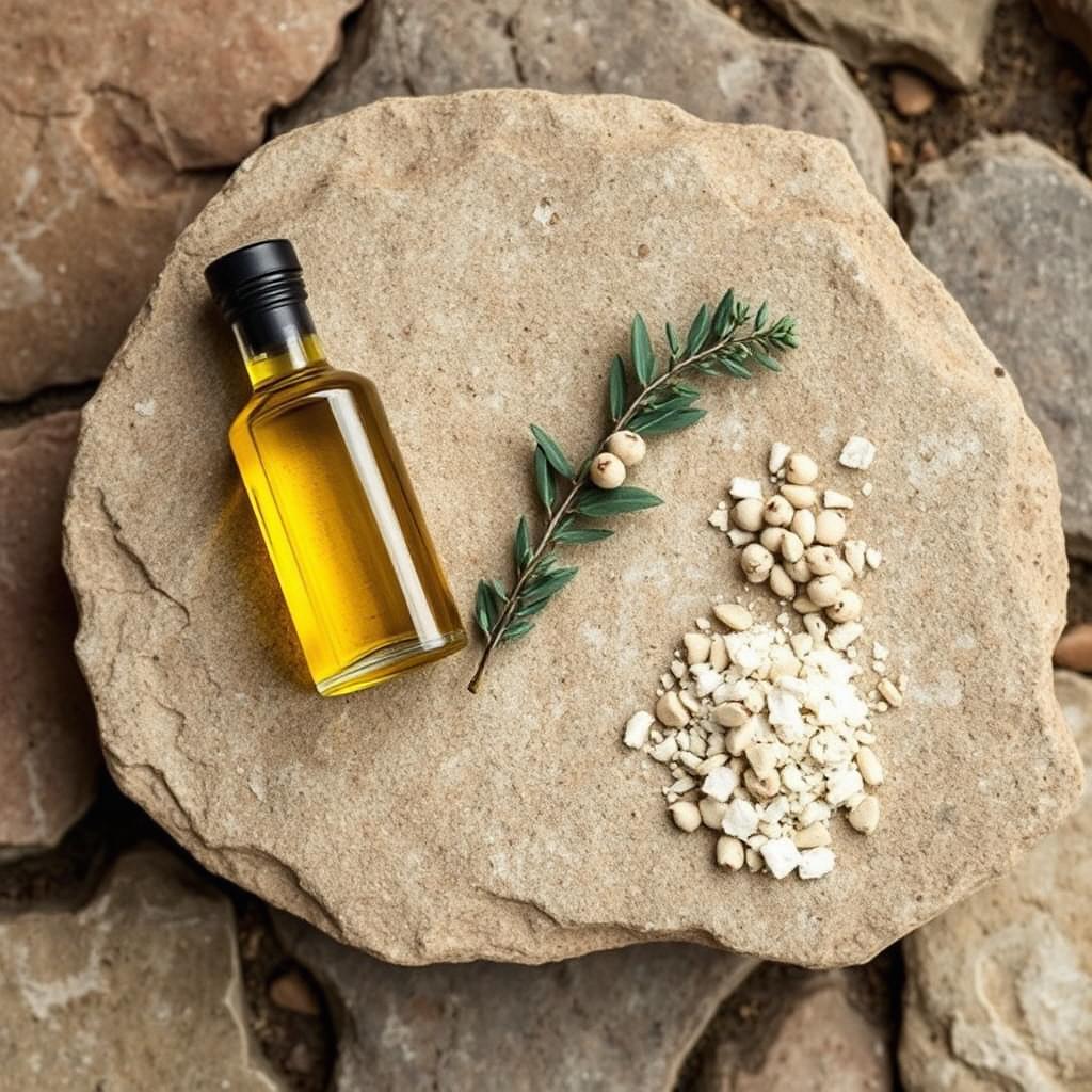 Top-down view of a small bottle of olive oil, a sprig of laurel berries, and a small pile of pale wood ash arranged on weathered stone