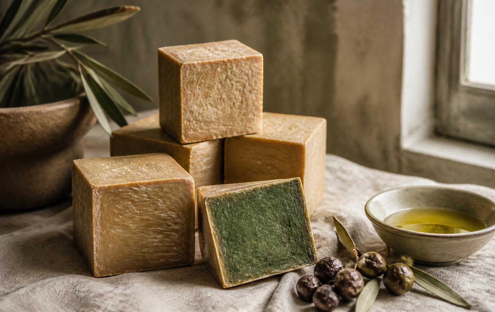 Stacked cubes of Aleppo soap, gold on the outside with one bar cut open to show its green olive-oil interior, beside laurel berries and a dish of olive oil
