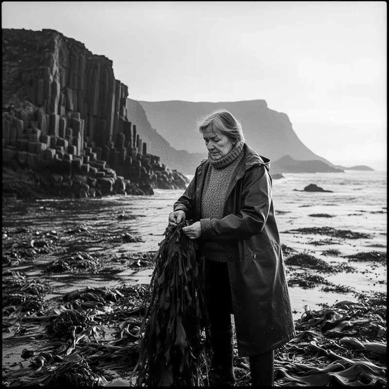 Sigrún harvesting kelp at low tide on the Westfjords coast
